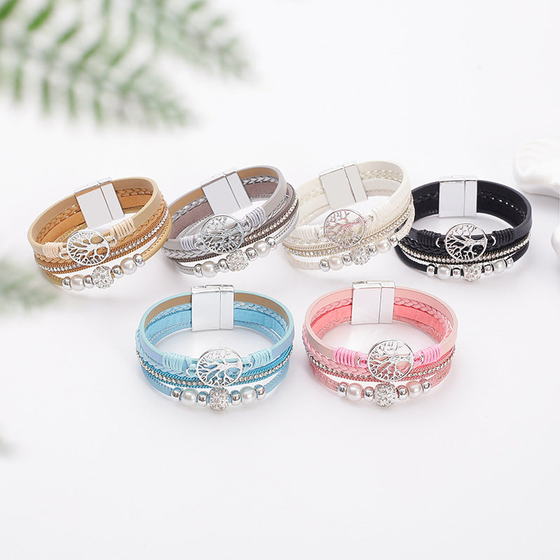 Drilled-bead Multi-layer PU Leather Braided Magnetic-clasp Bracelet Vera Lux