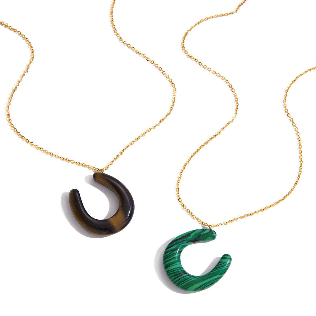 18K Stainless Steel Horseshoe U-shaped Tiger's Eye and Malachite Pendant Necklace Vera Lux