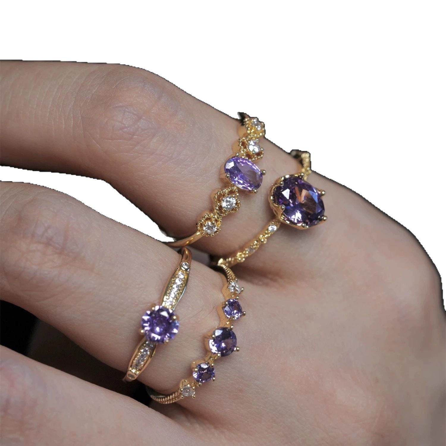 French Retro High-End Gentle Light Luxury Micro-Set Sparkling Purple Zircon Open Ring Vera Lux