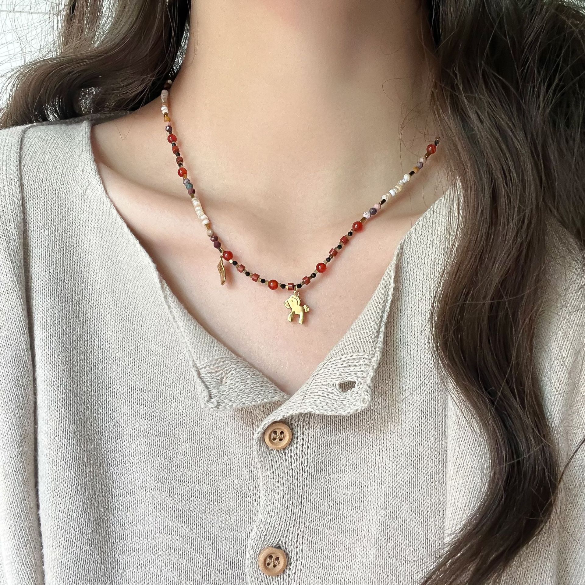 Retro Anqila Red Dunhuang-style Colorful Red Agate Layered Beaded Necklace Vera Lux