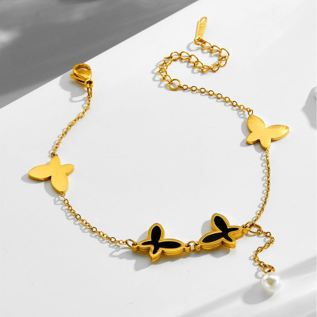 Pearl chain tassel butterfly beach style metal titanium steel anklet Vera Lux