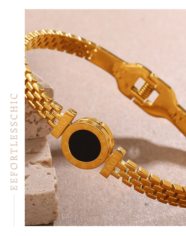 Fashionable, Versatile, Exclusive And Exquisite Wrist Accessory With Unique Style And Light Luxury. Gold Roman Numeral Black Surface Decorative Clasp Bracelet. Vera Lux