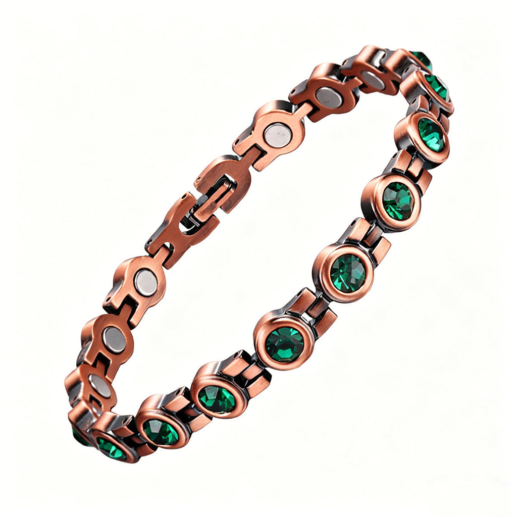 Retro Red Copper Magnetic Therapy Bracelet With Transparent Crystals Unisex Vera Lux