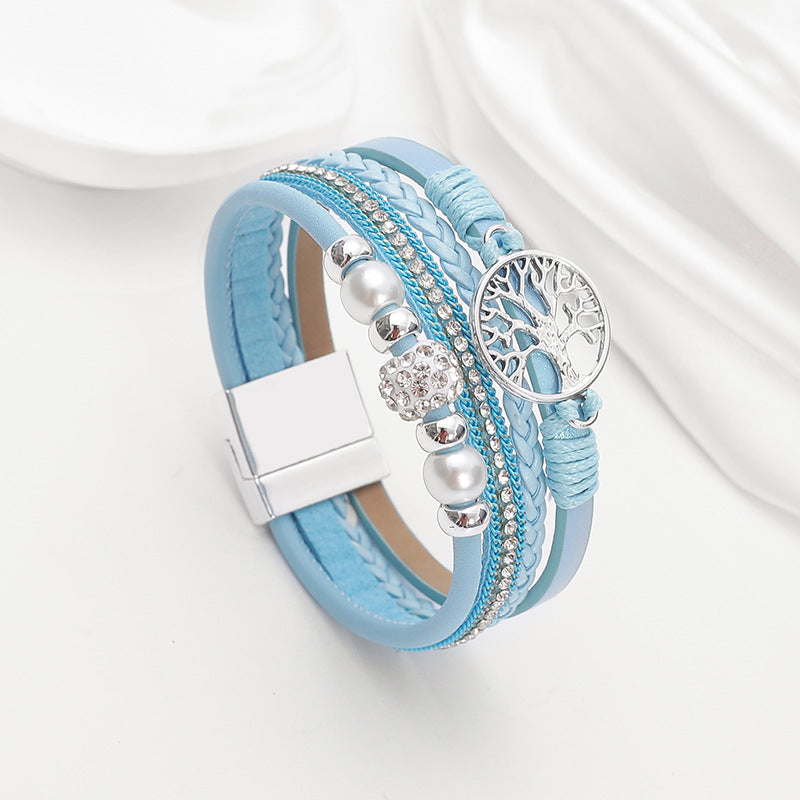 Drilled-bead Multi-layer PU Leather Braided Magnetic-clasp Bracelet Vera Lux