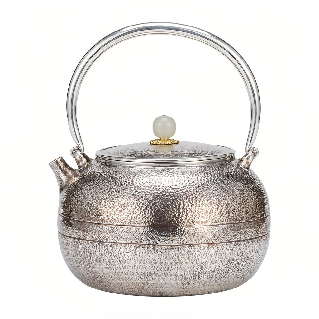 Pure 999 Fine Silver Elegant Handcrafted Hammered Silver Teapot with a Polished White Stone Lid Finial - Handicraft Vera Lux