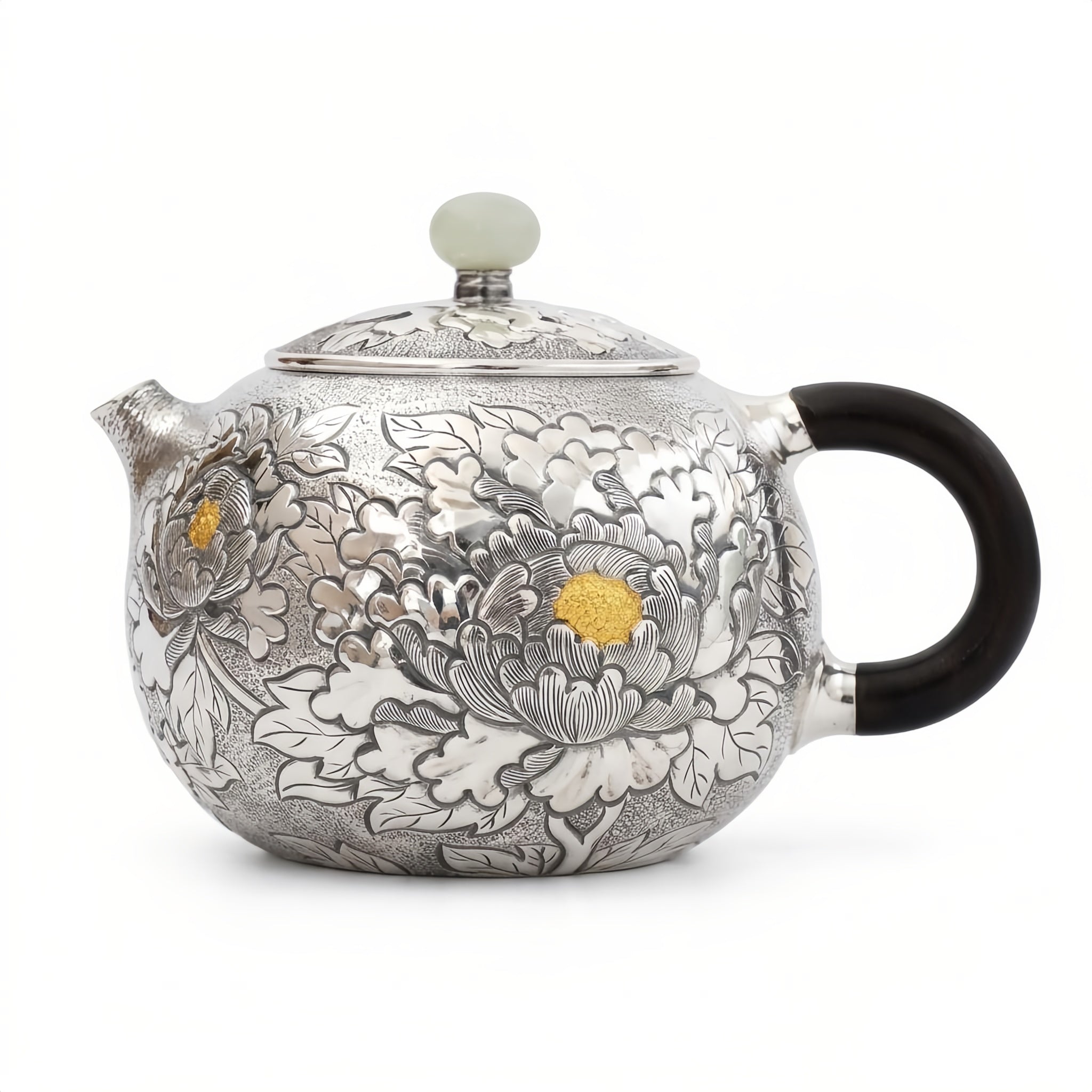 Pure 999 Fine Silver Handcrafted Silver Peony Teapot with Ebony Handle and Jade Finial - Handicraft Vera Lux