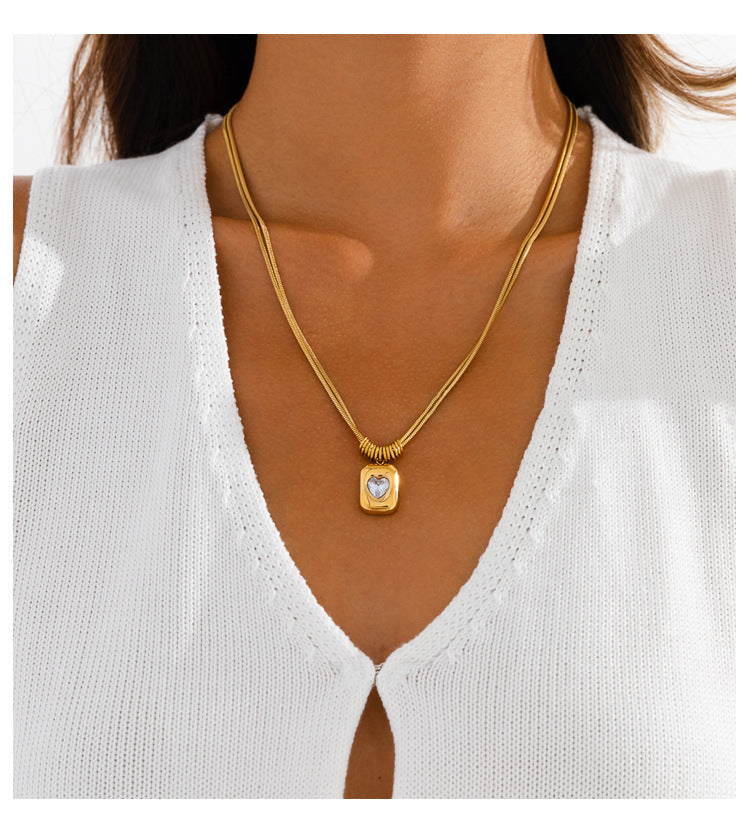 Diamond-studded Heart-shaped Snake Bone Chain Stainless Steel Necklace For Women - Luxurious And High-end, Double-layered And Stackable, Perfect For All Occasions. Vera Lux