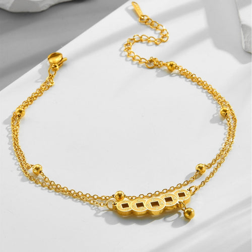 18k gold double-layer bead necklace retro Chinese style copper coin anklet Vera Lux