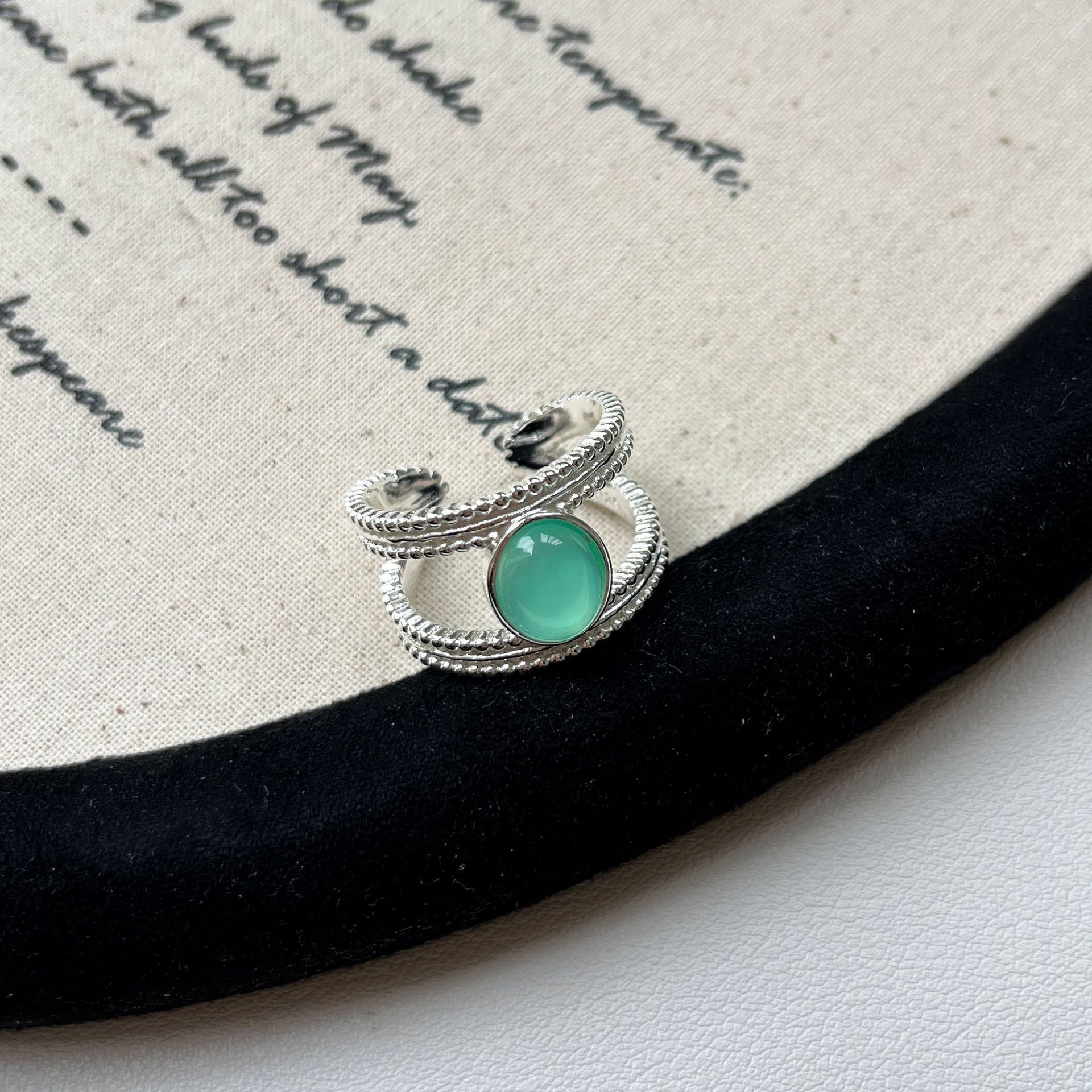 S925 Sterling Silver Retro Green Double-Strand Ring For Women Open-End Adjustable Vera Lux