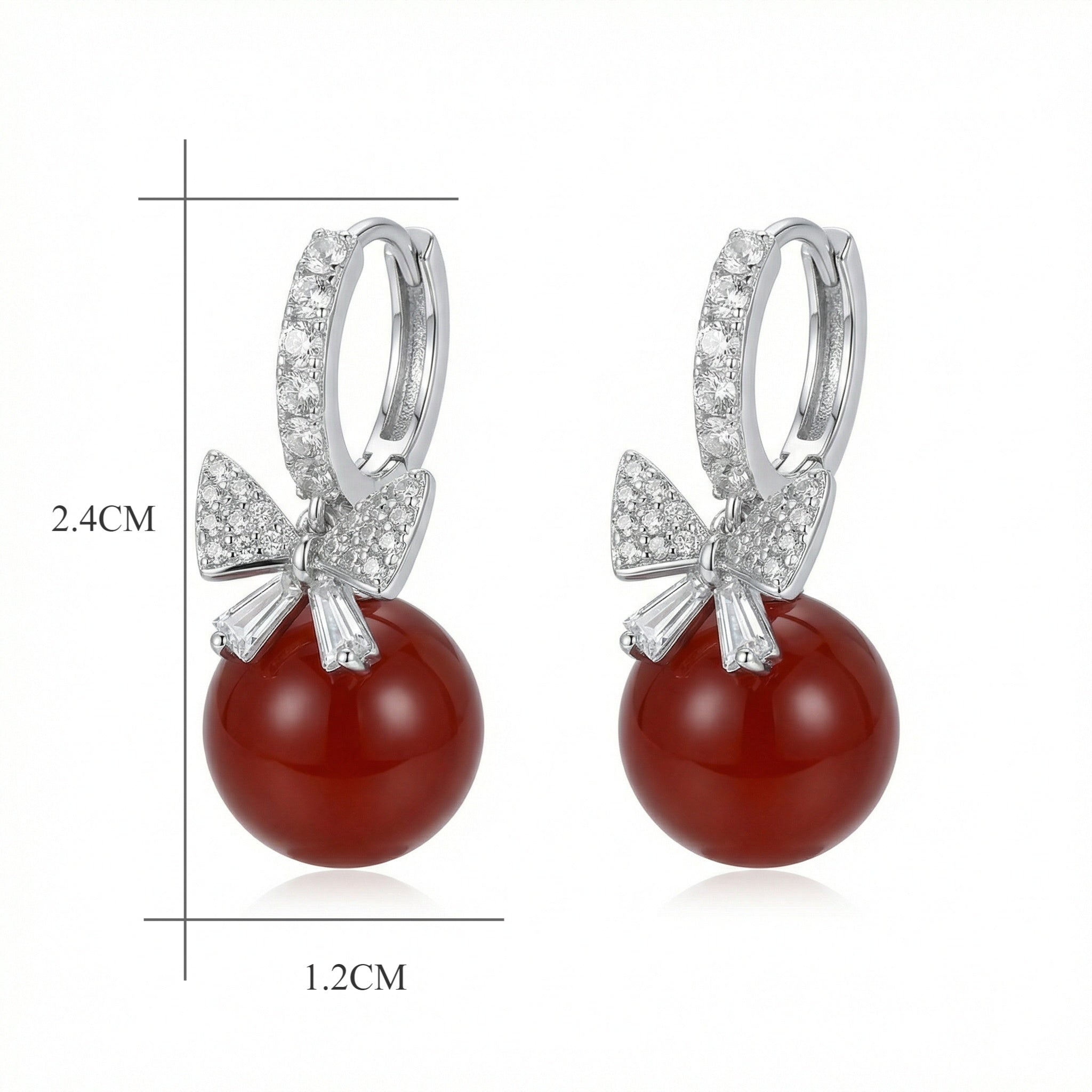 925 Sterling Silver Elegant Red Agate and Sparkling Crystal Bowknot Drop Hoop Earrings Vera Lux