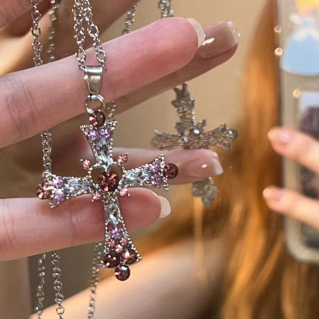 Gothic Cross Pendant Necklace For Women, Y2K Heavy Duty Bling Rhinestone Clavicle Chain, Vintage Punk Hip Hop Trendy Streetwear Jewelry Vera Lux