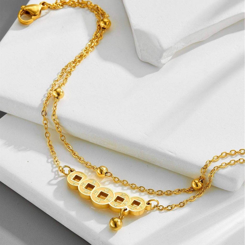 18k gold double-layer bead necklace retro Chinese style copper coin anklet Vera Lux
