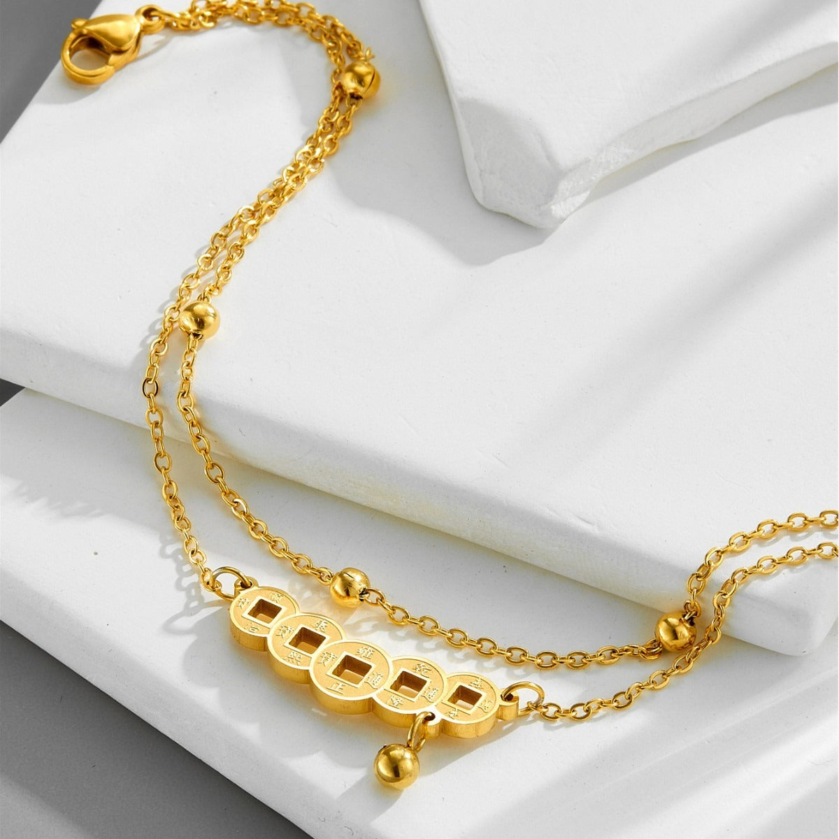 18k gold double-layer bead necklace retro Chinese style copper coin anklet Vera Lux