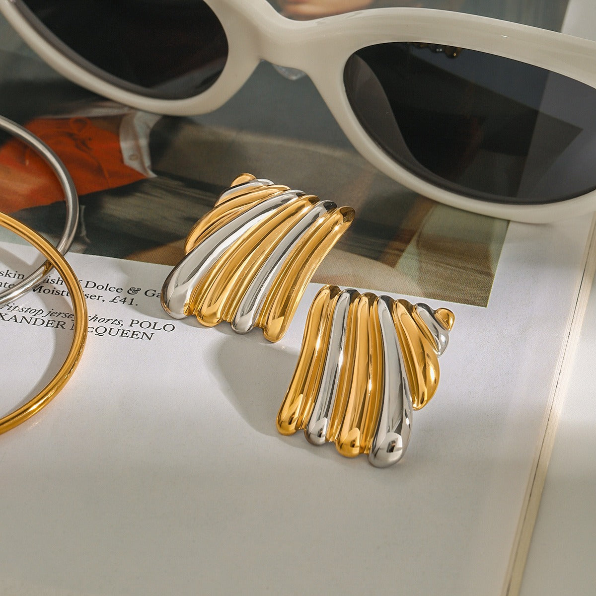 18K gold geometric shape with gold and silver color matching design classic personality earrings Vera Lux