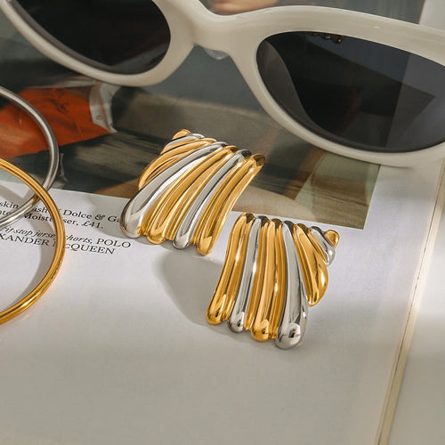 18K gold geometric shape with gold and silver color matching design classic personality earrings Vera Lux
