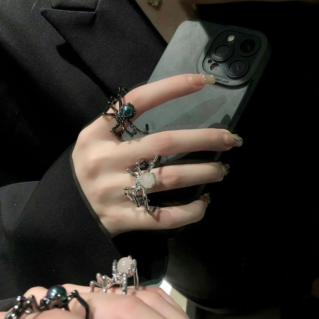 Dark Punk Spider Ring With Moonstone, Ins Style Unique Design, Minimalist Metal Cool Tone Adjustable Open Ring Vera Lux
