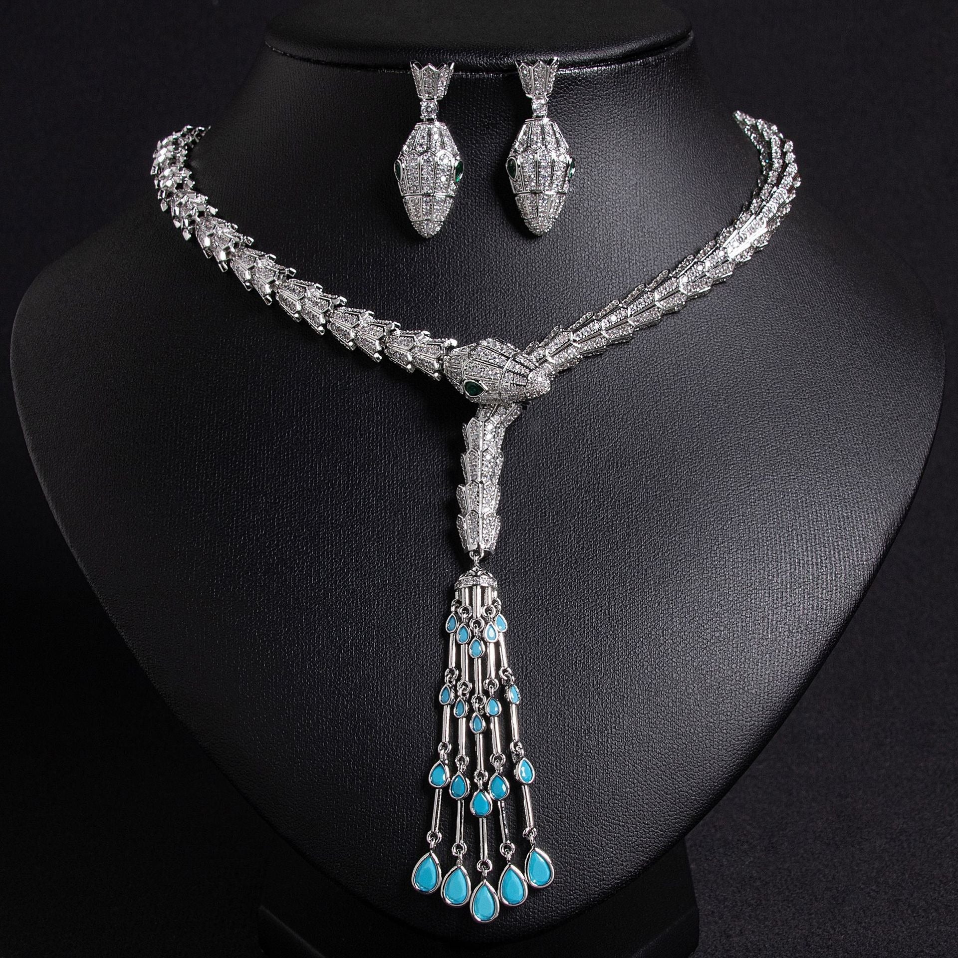 Serpentine Teardrop Tassel Zircon Earrings & Necklace Set Vera Lux