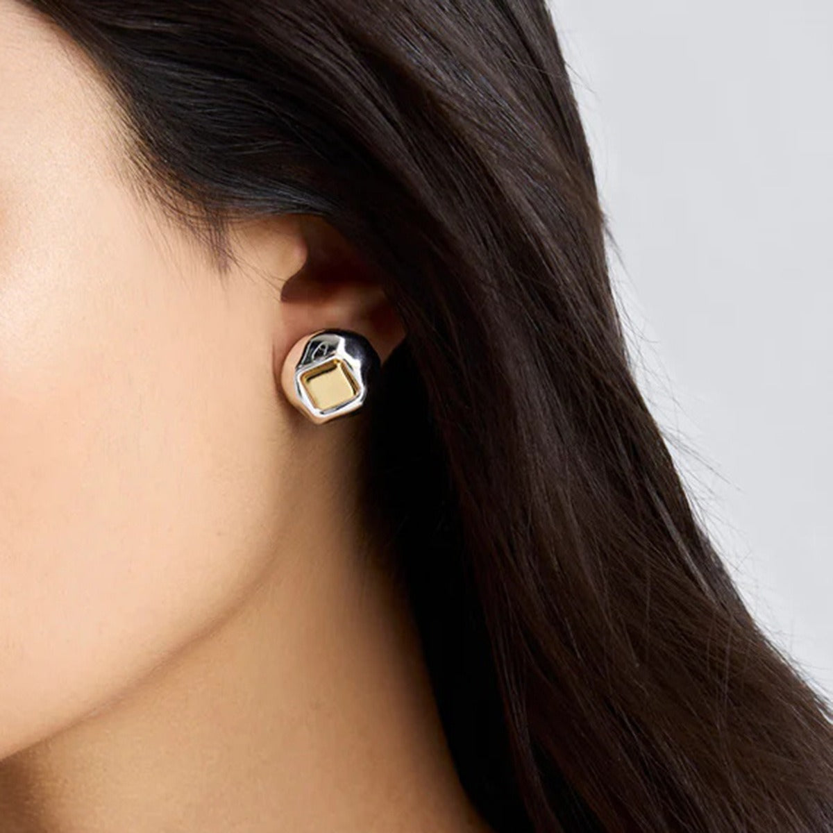 18K gold geometric inlay with gold and silver color matching design unique personality earrings Vera Lux