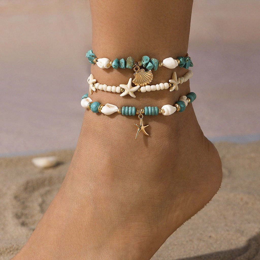 Ocean Fan Shell Rice Pearl Turquoise Anklet Vera Lux