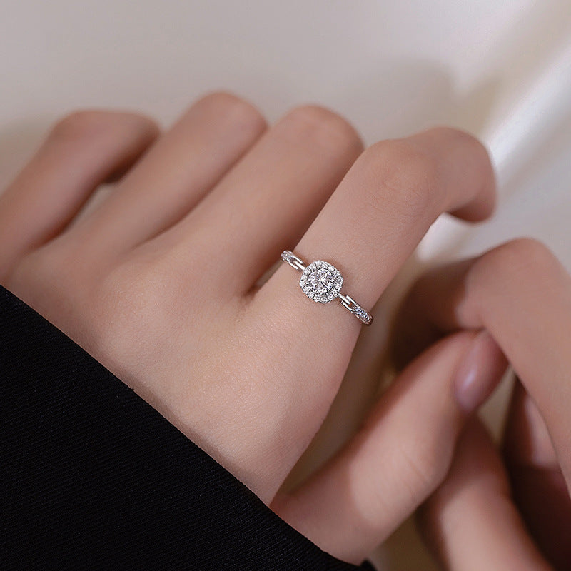 S999 Pure Silver Full Zircon Square Sugar Ring For Women, Niche INS Style, Light Luxury Premium Square Zircon Chain Index Finger Ring Vera Lux