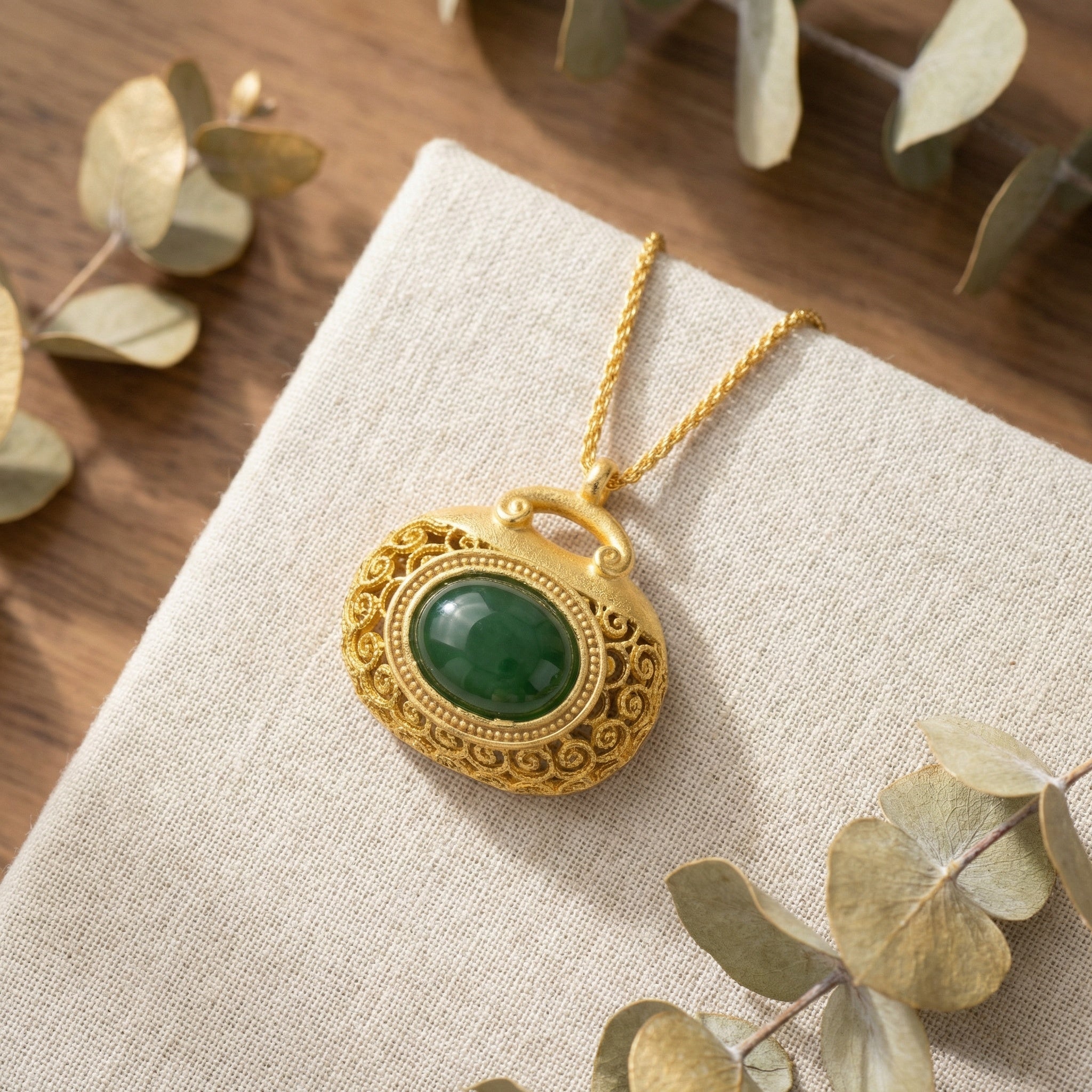 925 Sterling Silver Elegant Filigree Green Jadeite Pendant Necklace with Intricate Textured Metallic Detail Vera Lux