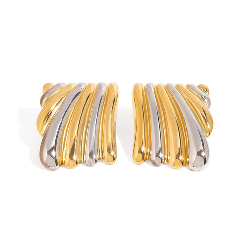 18K gold geometric shape with gold and silver color matching design classic personality earrings Vera Lux