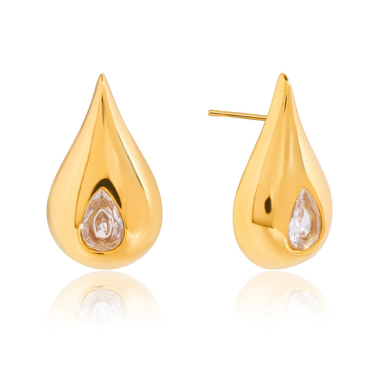 18K gold earrings inlaid with cubic zirconia in a teardrop design. Vera Lux