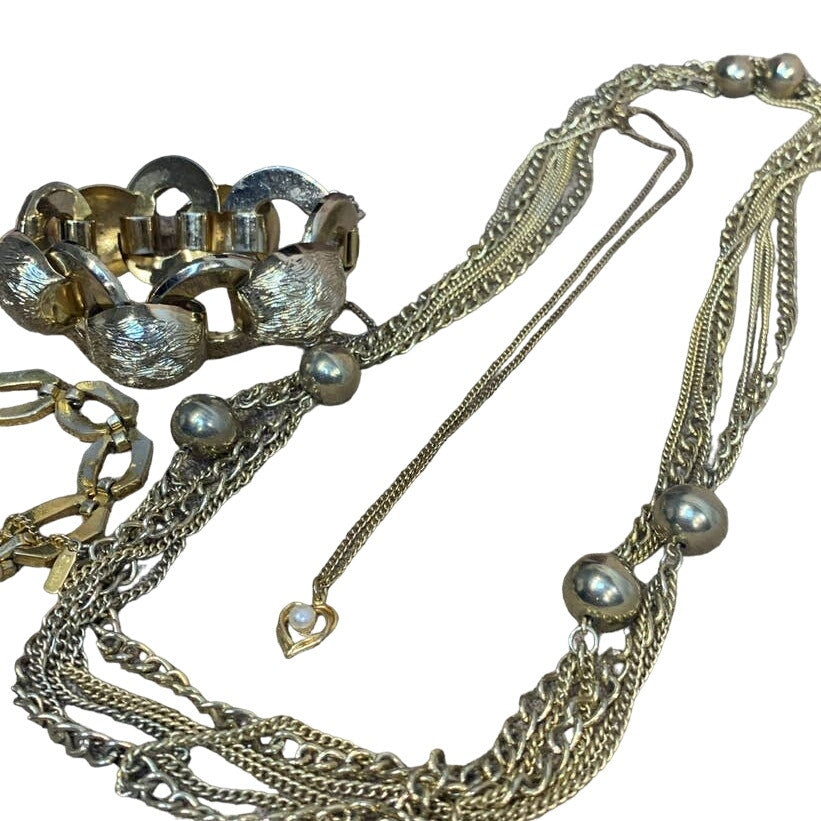 10 Piece Vintage Gold Toned Chain Link Beaded Necklace Bracelet Jewelry Lot Revyntage