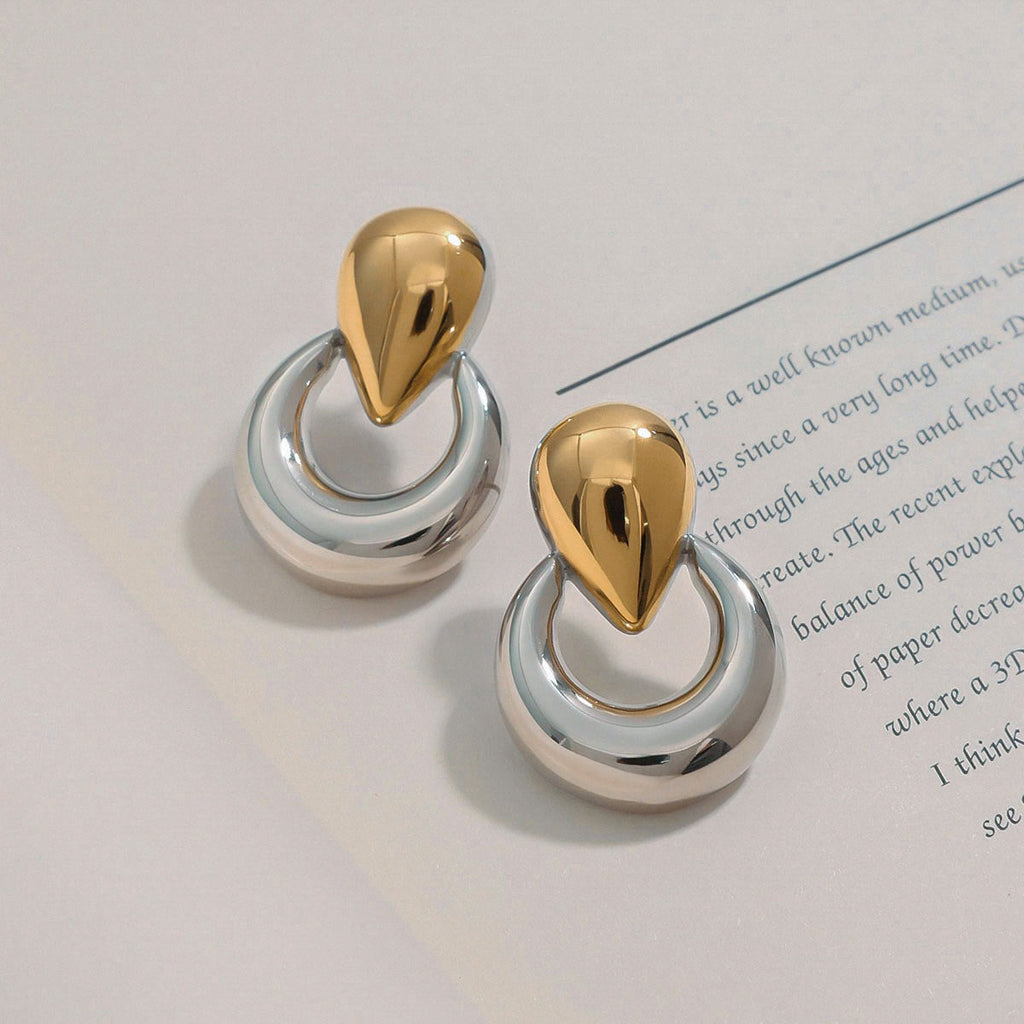 18K gold U-shaped and teardrop-shaped earrings with gold and silver color matching design, trendy and unique Vera Lux