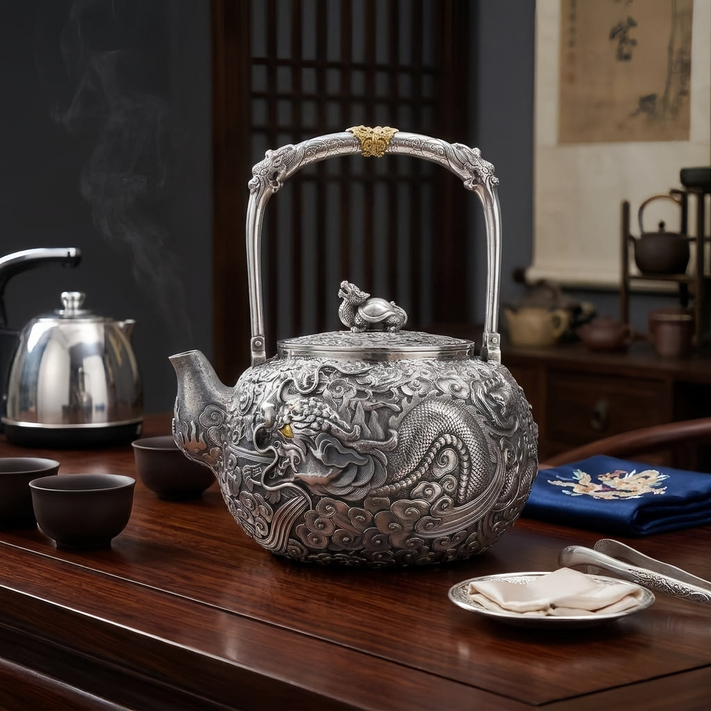 Pure 999 Fine Silver Elaborate Hand-Carved Silver Teapot with Majestic Dragon Motif and Ornate High Handle - Handicraft Vera Lux