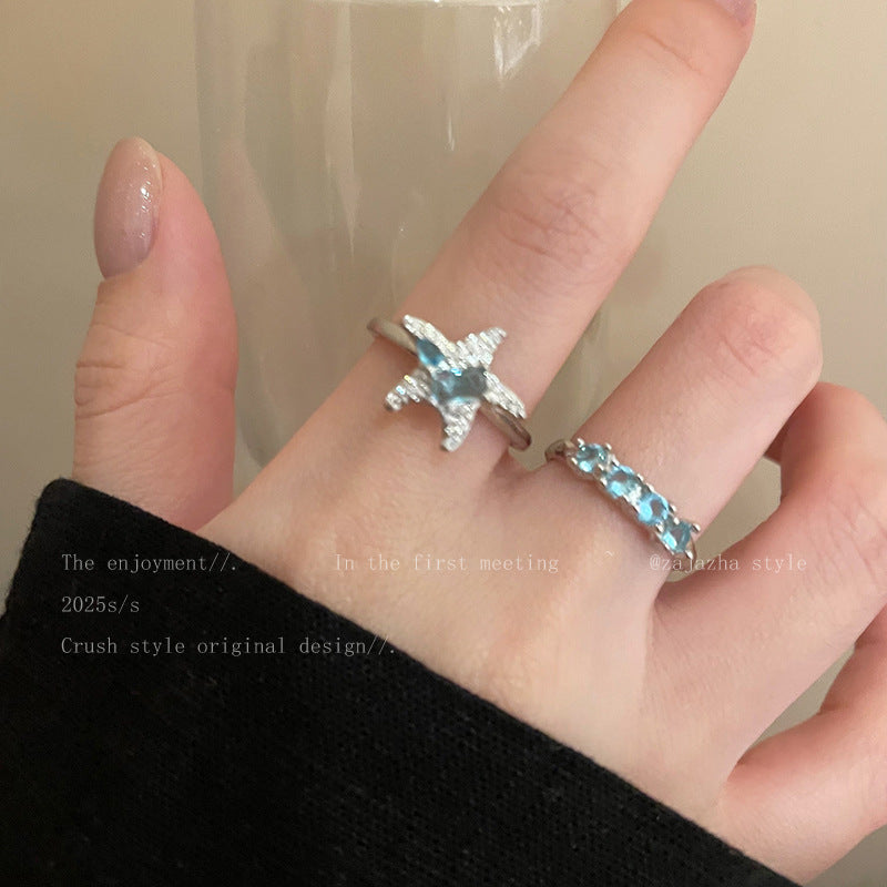Blue Star Zircon Ring For Women, Luxury Niche High-End Index Finger Ring, Fashion Stackable Adjustable Band Vera Lux