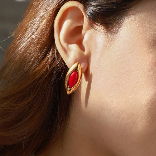 18K gold geometric oval inlaid gemstone design exquisite dazzling earrings Vera Lux