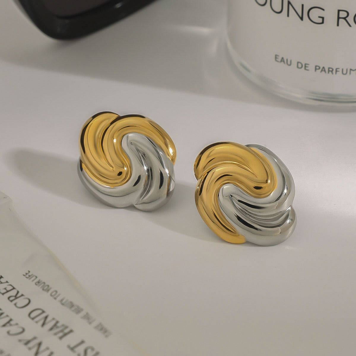 18K gold geometric shape with gold and silver color matching design trendy personality earrings Vera Lux