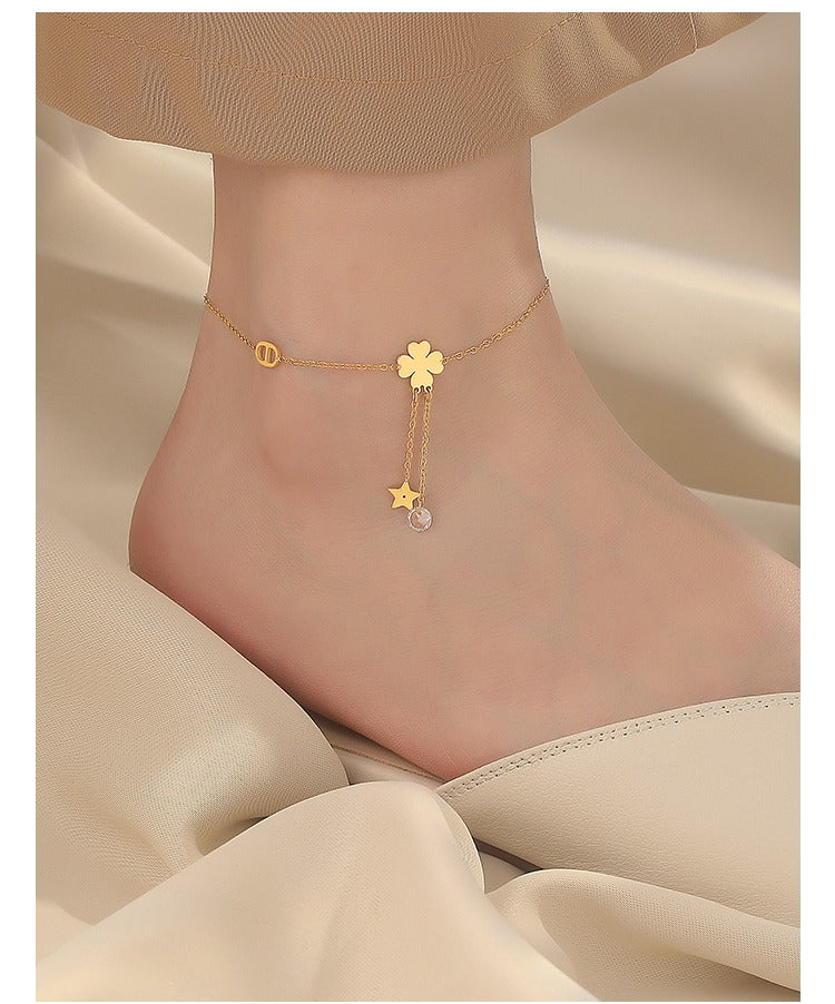 18k gold tassel star four-leaf clover anklet Vera Lux
