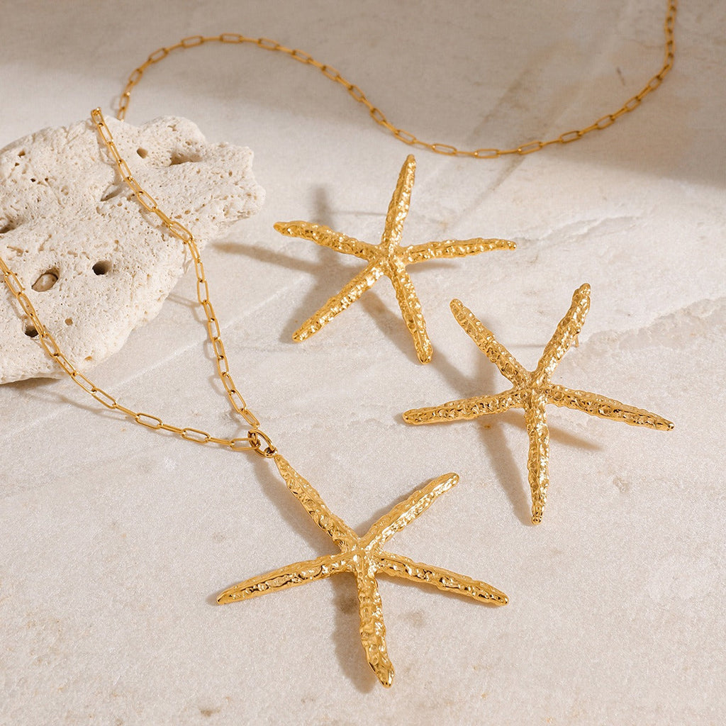 18K Gold Starfish with Textured Design Classic Fashion Necklace and Earrings Set Vera Lux