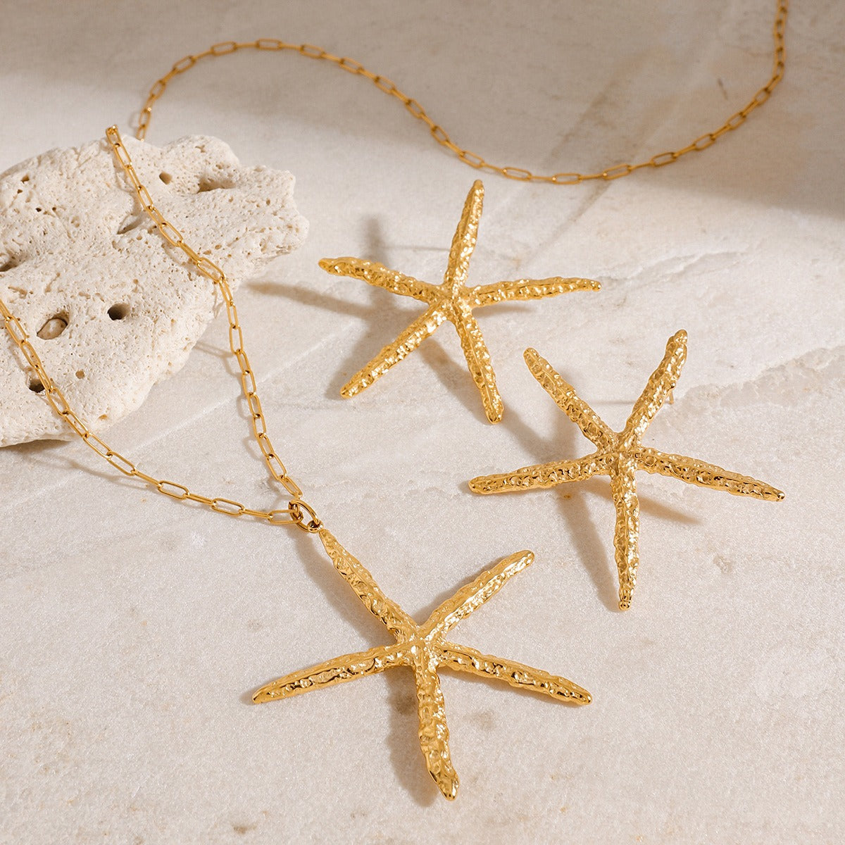 18K Gold Starfish with Textured Design Classic Fashion Necklace and Earrings Set Vera Lux
