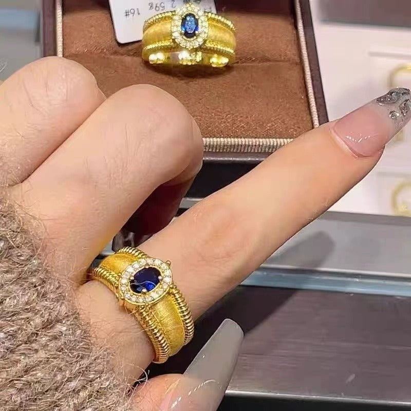 Vintage Brushed Wide Band Bead Ring, Sparkling Zircon Adjustable Open Ring, Court Style For Women Vera Lux