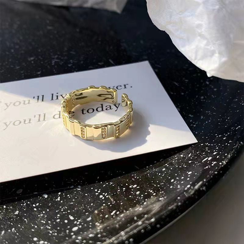 French Vintage Checkerboard Enamel Open Ring, Luxury Niche Design Wave Band For Women Vera Lux