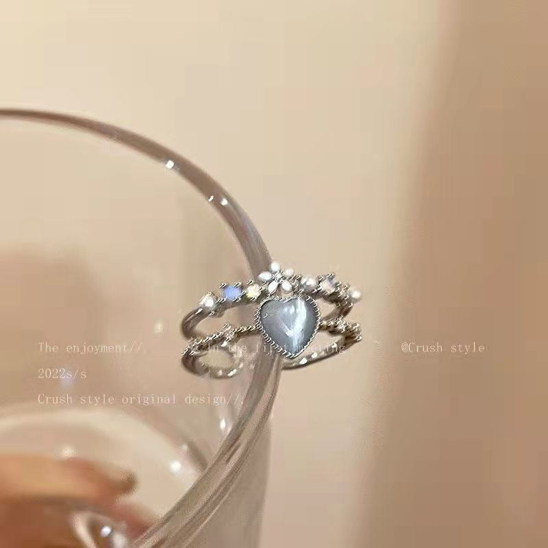 Sweet Cool Denim Texture Heart Zircon Ring, Dainty Light Luxury Jewelry For Women Vera Lux