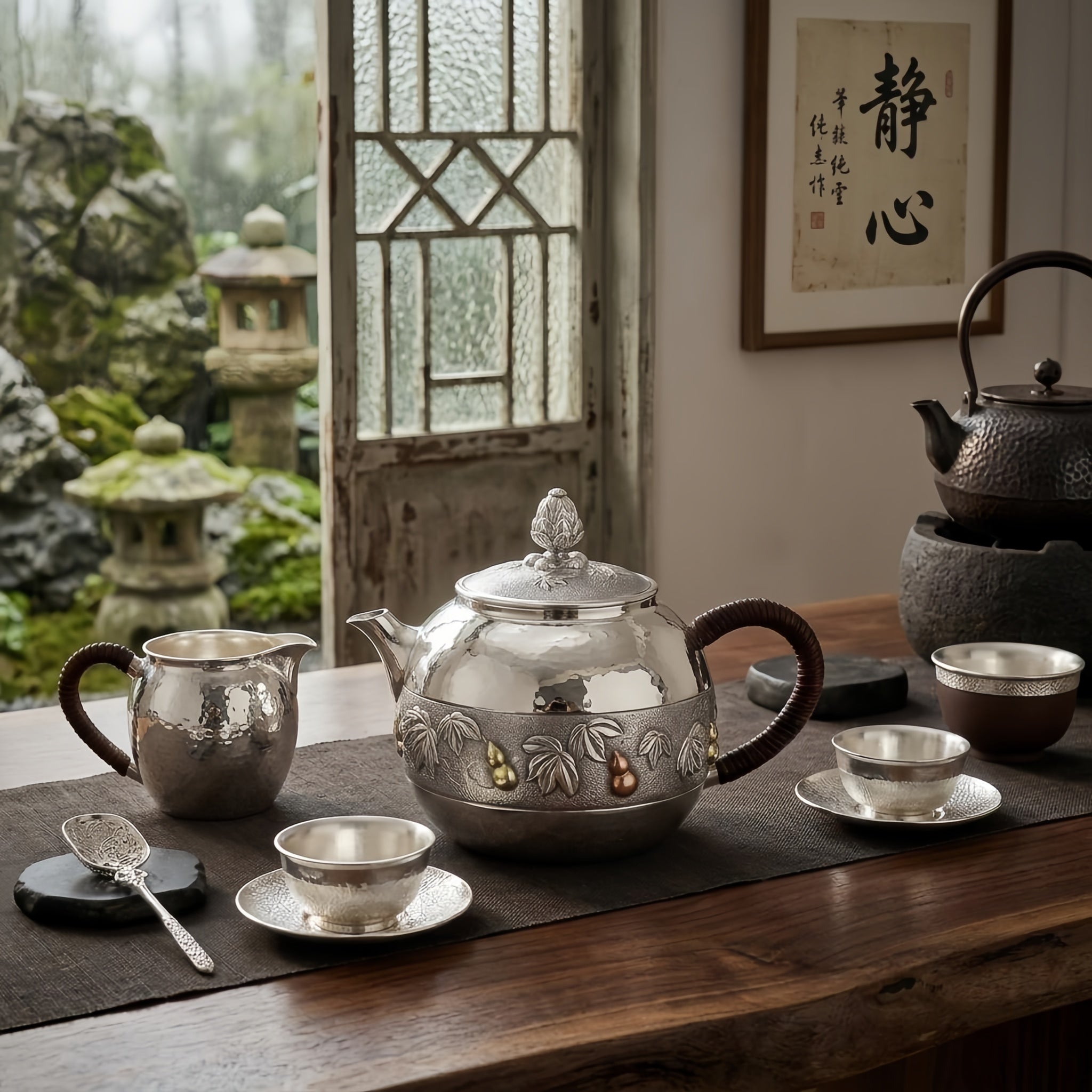 Pure 999 Fine Silver Handcrafted Silver Teapot with Embossed Leaf and Gourd Motifs and Woven Handle - Handicraft Vera Lux