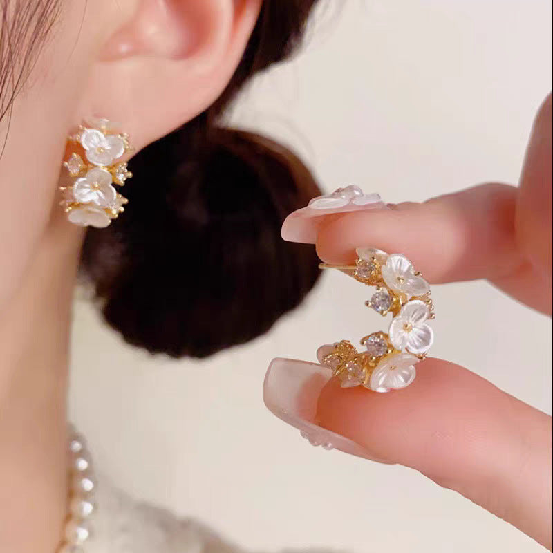 Fresh And Chic C Shaped Earrings With Diamond Encrusted Flowers For Women Vera Lux