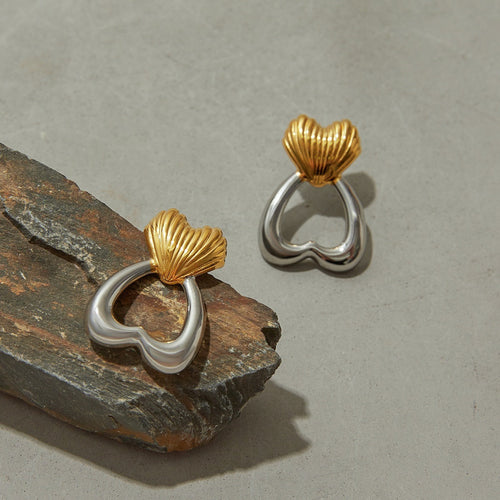 18K gold heart-shaped earrings with gold and silver color matching design, trendy and personalized Vera Lux