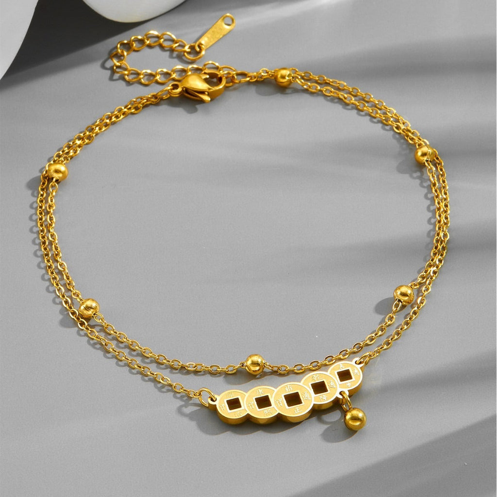18k gold double-layer bead necklace retro Chinese style copper coin anklet Vera Lux