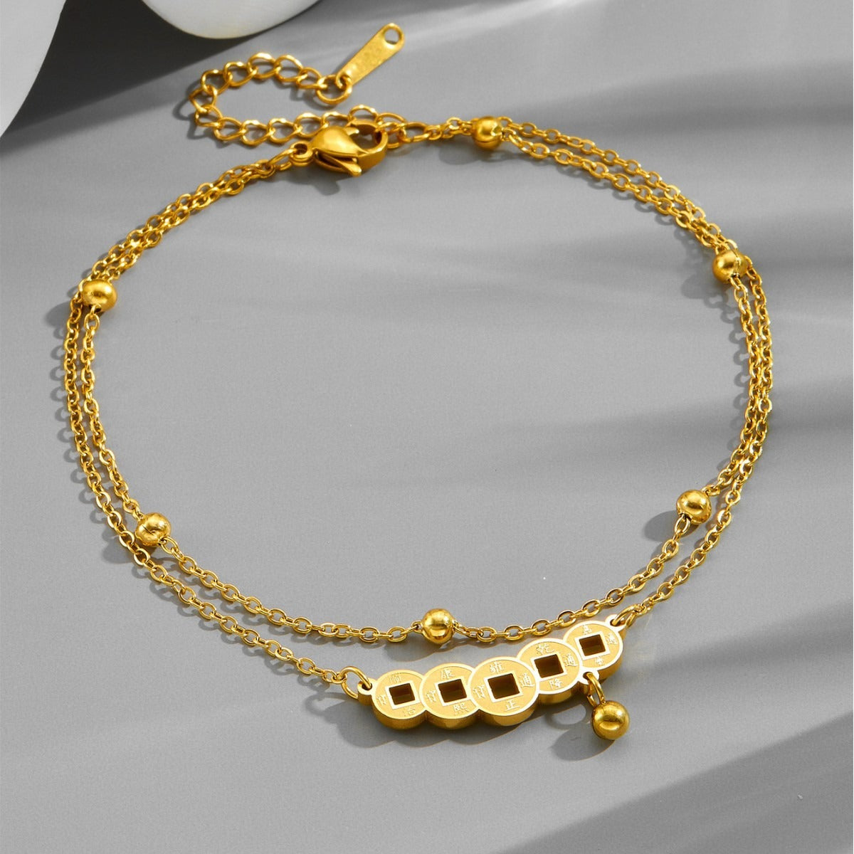 18k gold double-layer bead necklace retro Chinese style copper coin anklet Vera Lux