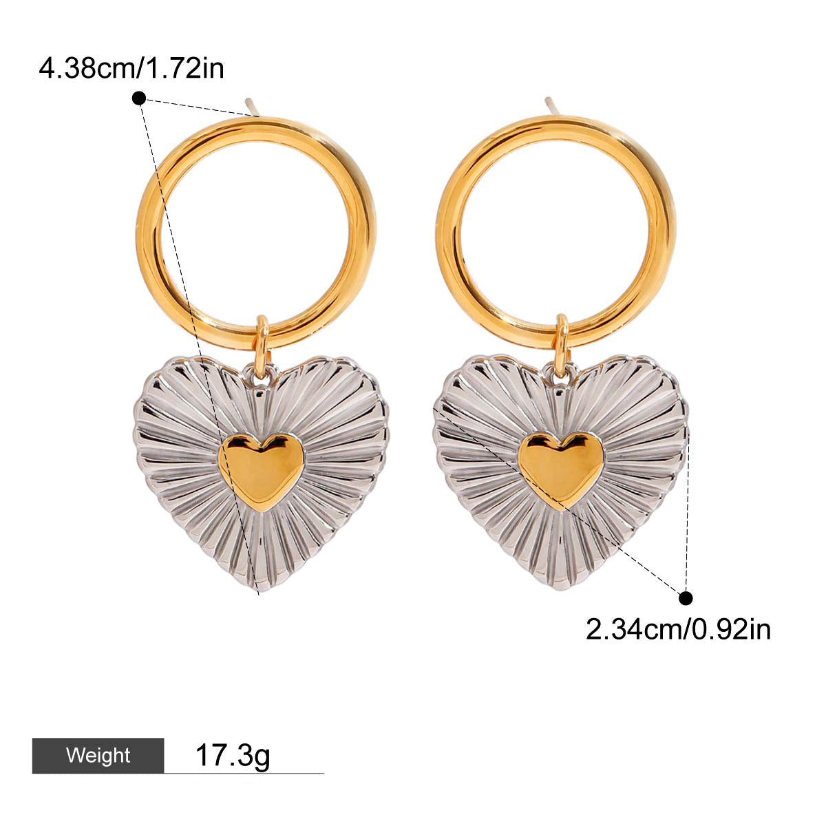 18k gold heart-shaped earrings with gold and silver color matching design, simple and personalized Vera Lux