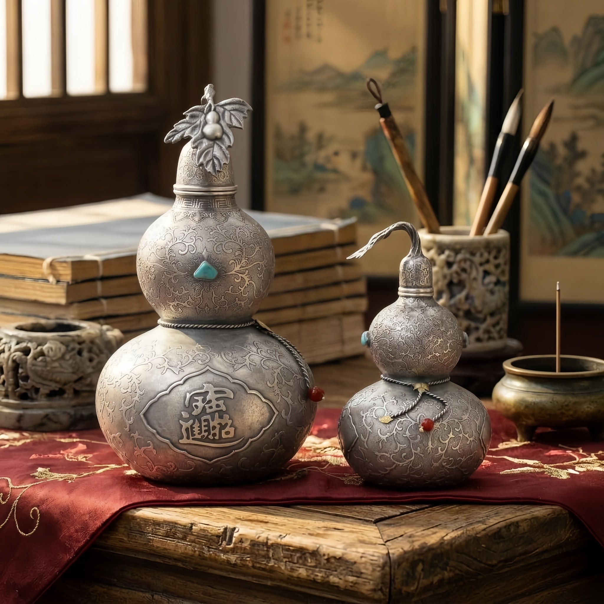 Pure 999 Fine Silver Ornate Silver-Tone Gourd Containers with Turquoise and Traditional Chinese Prosperity Engravings - Handicraft Vera Lux