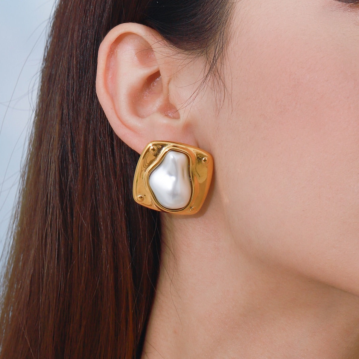 18K gold geometric square inlaid irregular pearls exquisite design dazzling earrings Vera Lux