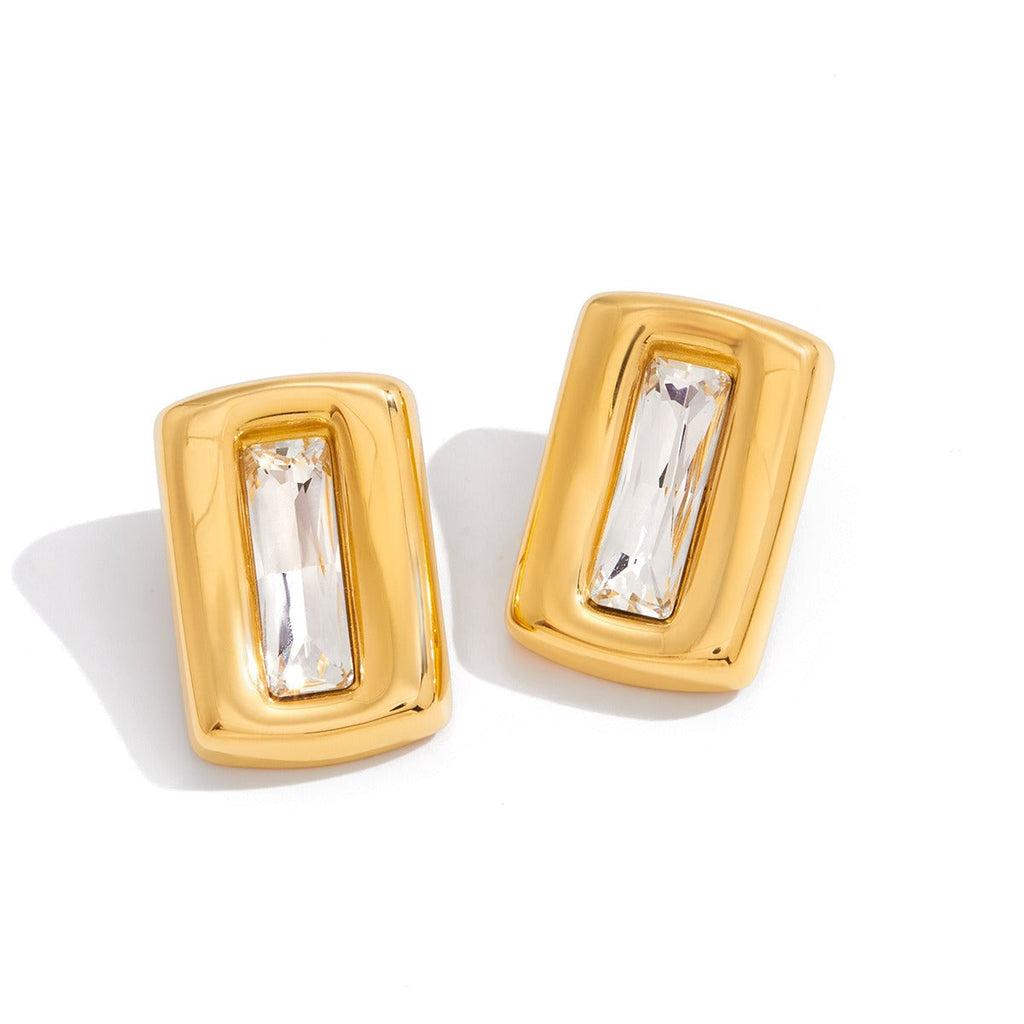 Square 18K gold-plated titanium steel stud earrings with embedded cubic zirconia. Vera Lux