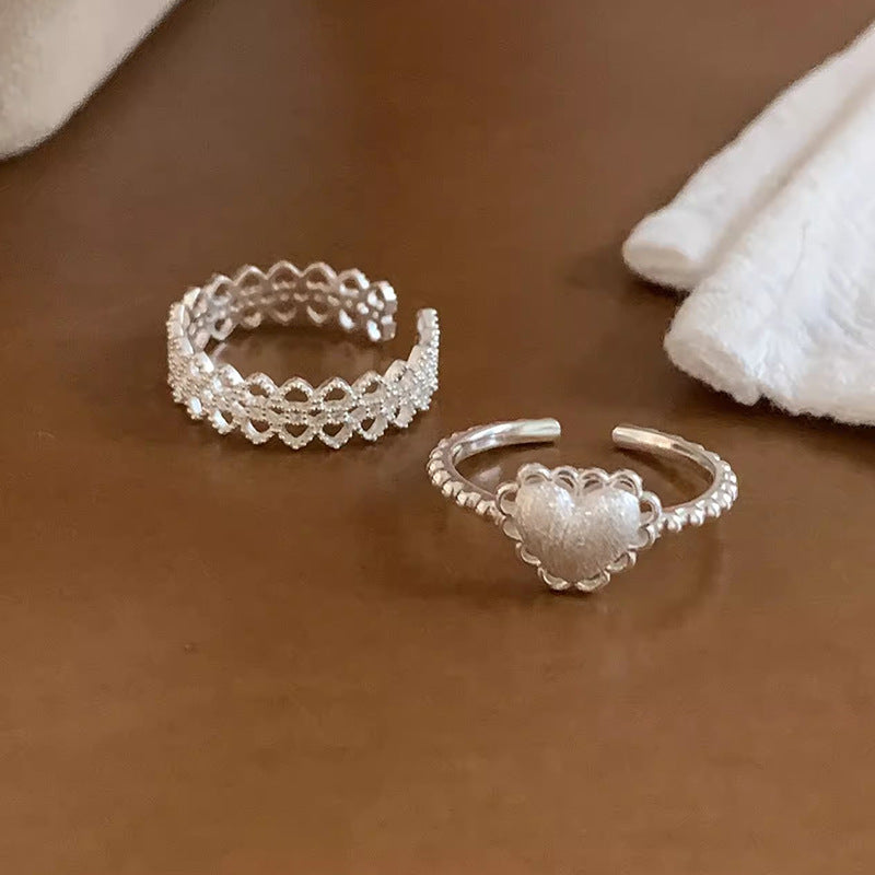 S925 Sterling Silver Brushed Love Heart Ring For Women, INS Korean Sweet Style, Versatile Niche Lace Edge Open Ring Vera Lux