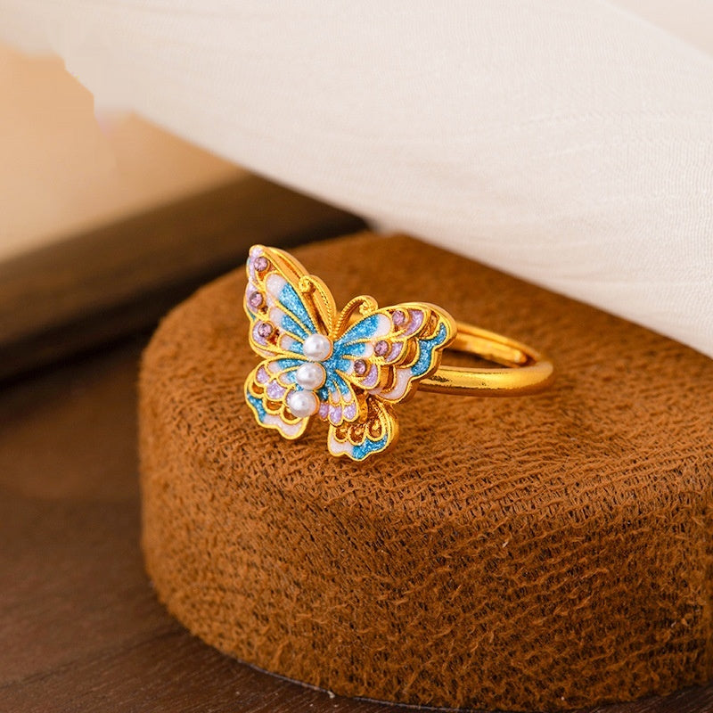 Long-Lasting Color Traditional Sand-Gold Enamel Gradient Pearl Butterfly Ring Vera Lux